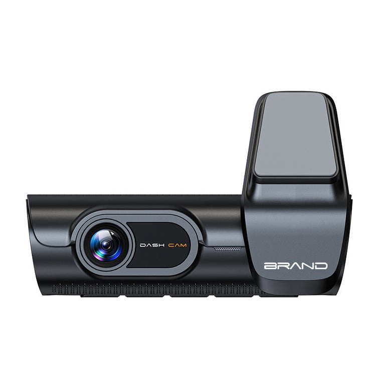 Black car dash camera with front lens and mounting assembly on a white background