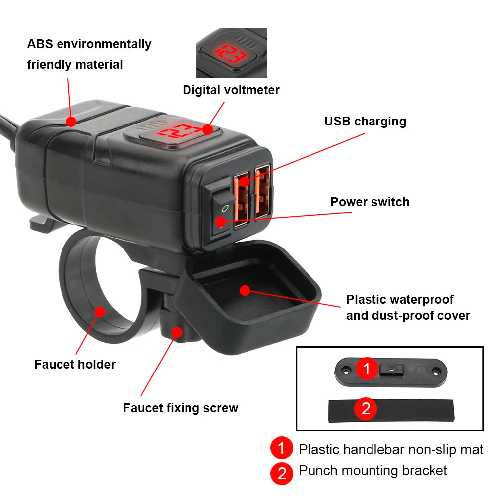QC3.0 Dual USB Motorcycle Charger Waterproof Quick Charger Vehicle-Mounted Switch 12V Power Supply Adapter Moto Accessories