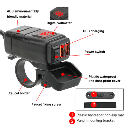 QC3.0 Dual USB Motorcycle Charger Waterproof Quick Charger Vehicle-Mounted Switch 12V Power Supply Adapter Moto Accessories