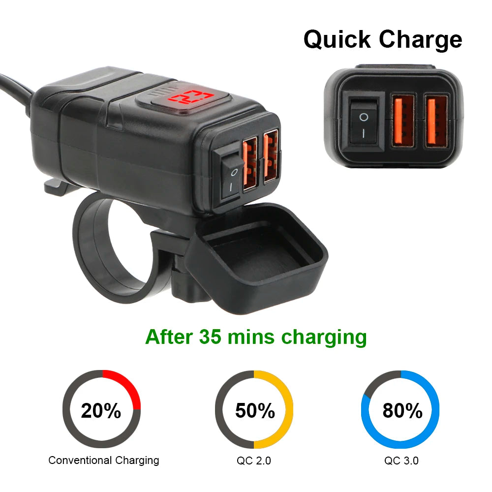 QC3.0 Dual USB Motorcycle Charger Waterproof Quick Charger Vehicle-Mounted Switch 12V Power Supply Adapter Moto Accessories