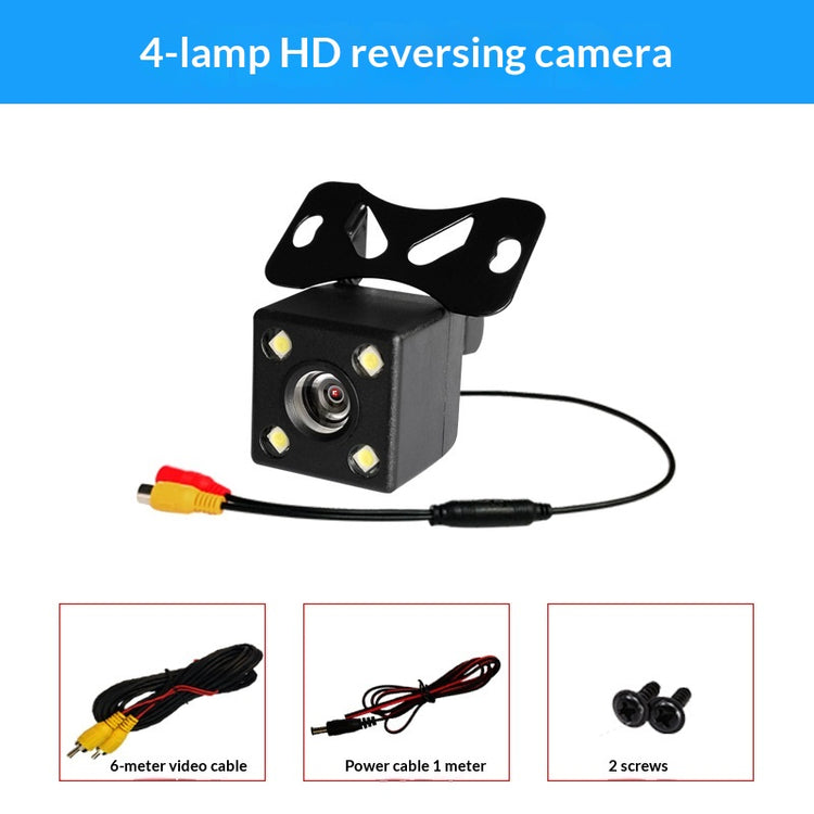 Rearview camera with four LEDs, mounting bracket and cables shown in a product diagram