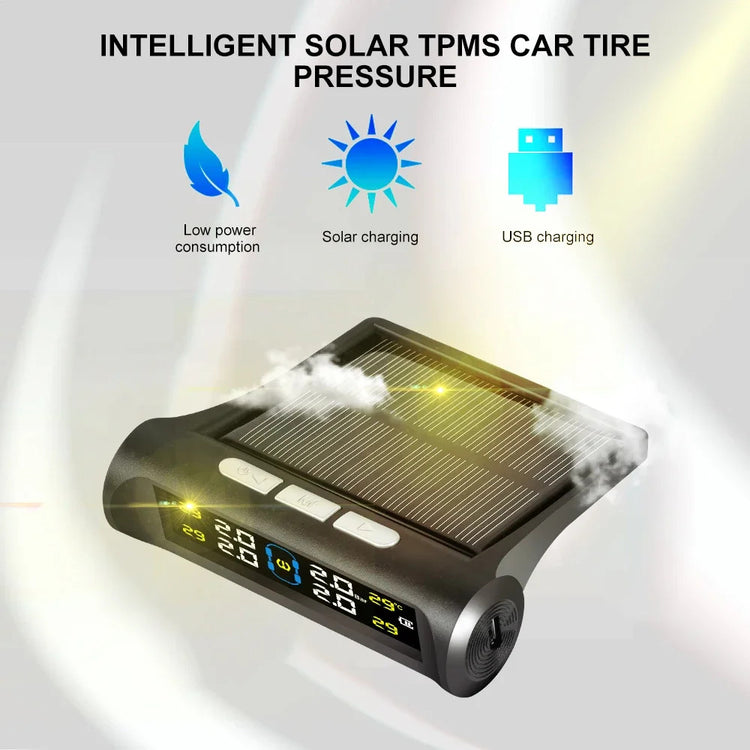 Car tire pressure monitor with solar panel and digital display