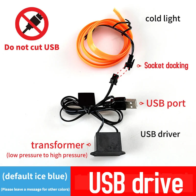 5M Car Interior Atmosphere Lighting LED Strip 5V DIY Flexible EL Cold Light Line Tube with USB Auto Decoration Ambient Lamp