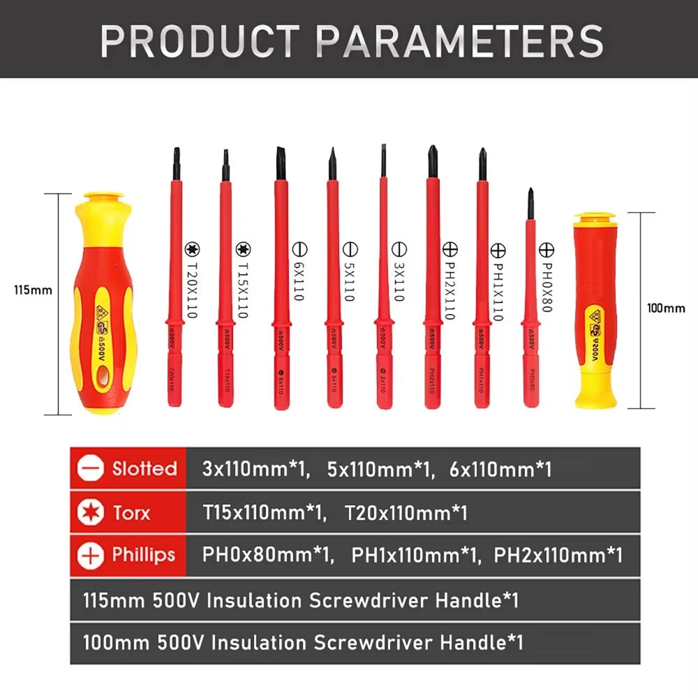 10Pcs Interchangeable Blade VDE Insulated Screwdriver Set with Case Magnetic 500V Home and Professional Use Electricians Tools