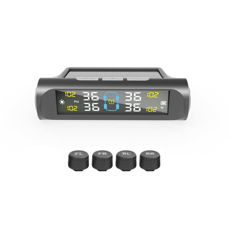 Tire pressure monitoring display with four external sensors on a white background