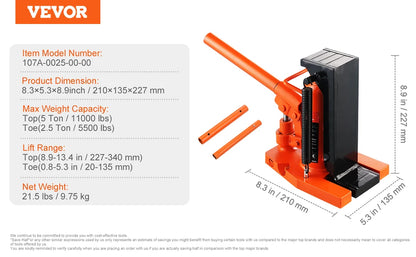 Succebuy Hydraulic Toe Jack 2.5 Ton on Toe Toe Jack Lift 5 Ton Top Lift Capacity Machine Jack 0.8-5.3 in Toe Height 8.9-13.4 Top